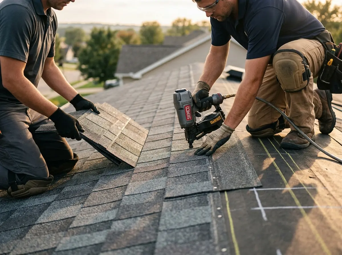 Professional roofer working on a residential roof in Spanish Lake